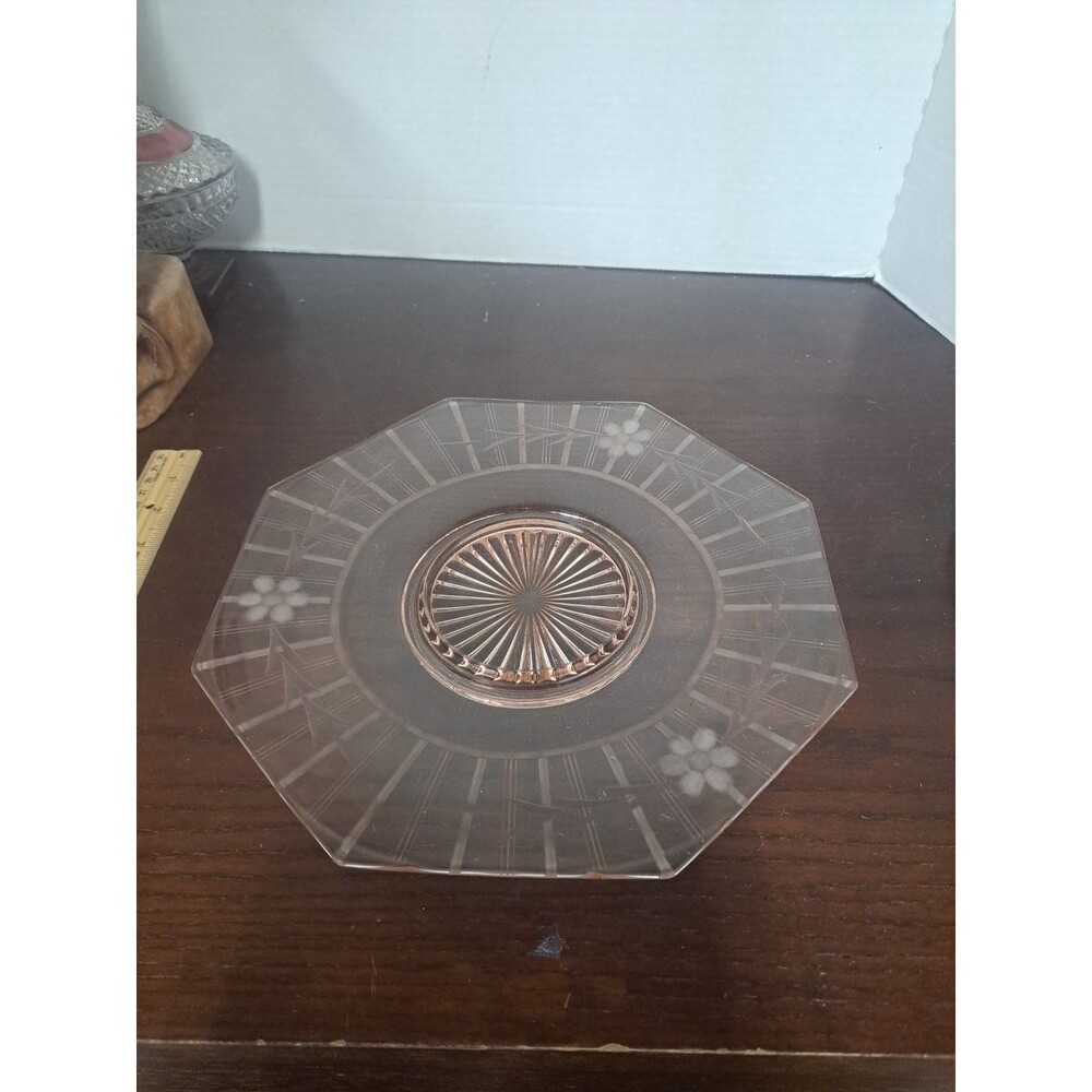 Vintage Pink Depression Glass With Etche Flowers 10.5in Octagonal Serving Plate
